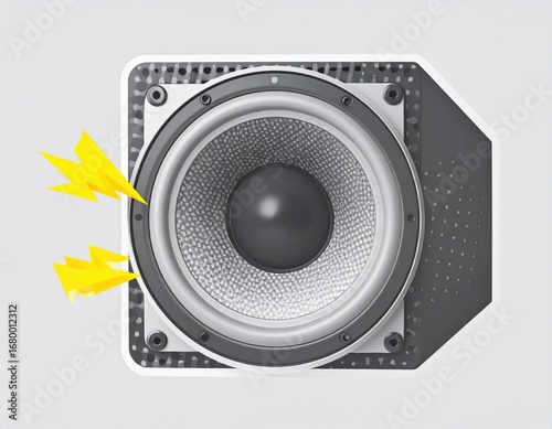 Black and white halftone illustration of a loudspeaker in sticker style, isolated on