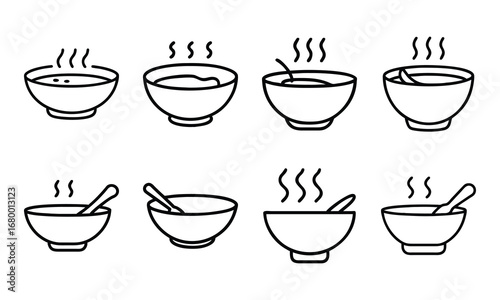 Soup Bowl Icon Collection – Hand-Drawn Line Art of Hot Soup Bowls with Steam and Spoons, Minimalist Food Icons for Menu Design, Cooking Blogs, and Kitchen Illustrations