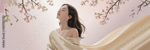 Serene Woman Enjoying Spring Breeze Under Cherry Blossom Tree, Soft Pastel Vector Illustration, Relaxation and Nature Concept