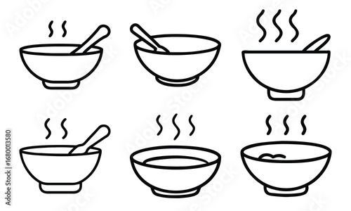 Soup Bowl Icon Collection – Hand-Drawn Line Art of Hot Soup Bowls with Steam and Spoons, Minimalist Food Icons for Menu Design, Cooking Blogs, and Kitchen Illustrations
