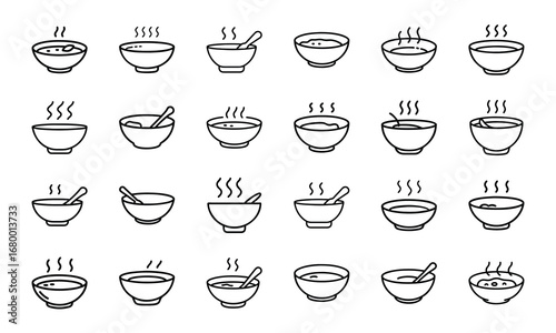 Soup Bowl Icon Collection – Hand-Drawn Line Art of Hot Soup Bowls with Steam and Spoons, Minimalist Food Icons for Menu Design, Cooking Blogs, and Kitchen Illustrations