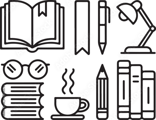 Literary Study Vector Icons Collection Open Book with Glasses, Bookmark, Pen, Desk Lamp, Reading Notes, Cup, Pencil, and Bookshelf