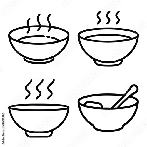 Soup Bowl Icon Collection – Hand-Drawn Line Art of Hot Soup Bowls with Steam and Spoons, Minimalist Food Icons for Menu Design, Cooking Blogs, and Kitchen Illustrations