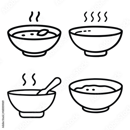 Soup Bowl Icon Collection – Hand-Drawn Line Art of Hot Soup Bowls with Steam and Spoons, Minimalist Food Icons for Menu Design, Cooking Blogs, and Kitchen Illustrations