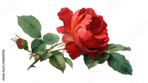 A vibrant red rose with lush green leaves, showcasing intricate details and a budding flower, symbolizing beauty and romance.