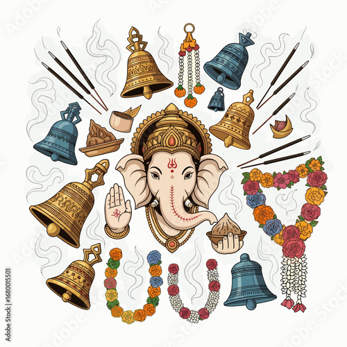 A collection of Hindu worship items featuring Lord Ganesha, bells, incense, and floral garlands.