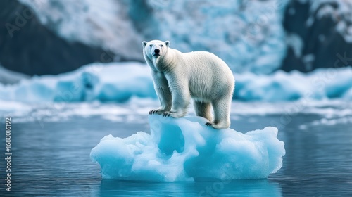 A majestic polar bear standing on a melting iceberg with glaciers background