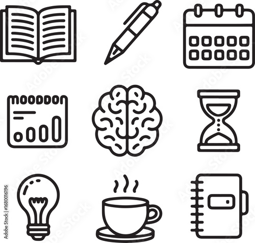 Mindful Journaling Outline Icons Set Notebook, Pen, Calendar, Mood Tracker, Brain, Hourglass, Coffee Cup, Light Bulb, and Wellness Planner Symbols