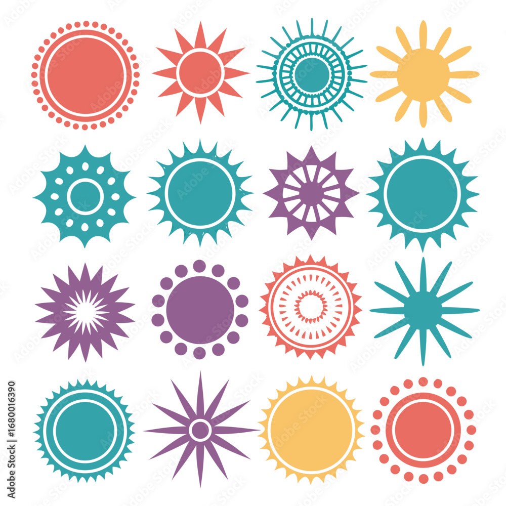 Fototapeta premium Assorted sunburst designs in various colors arranged in a grid pattern on a white background