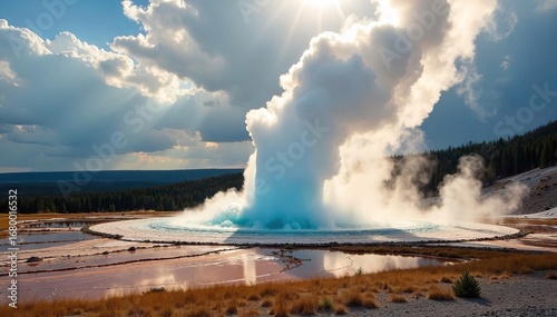Majestic Yellowstone geyser erupts, sending a plume of scalding water high into the air against a dramatic sky Witness the raw power of nature in this breathtaking spectacle , dramatic, water
