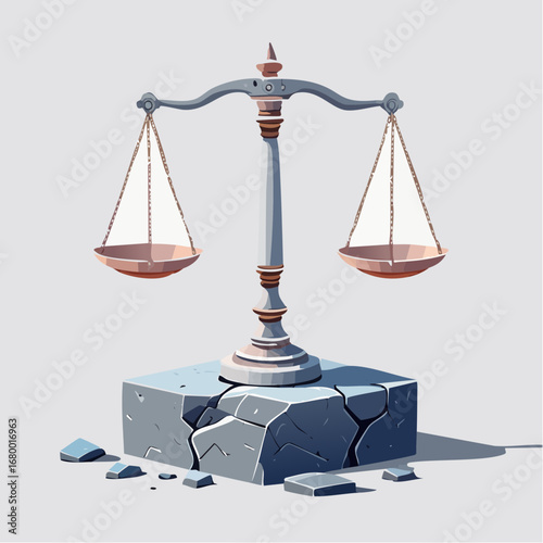 Broken balance scale on a cracked stone pedestal, symbolizing justice and political conflict