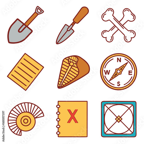 Illustration showing archeological dig tools, a compass, bones, and a fossilized object set on white
