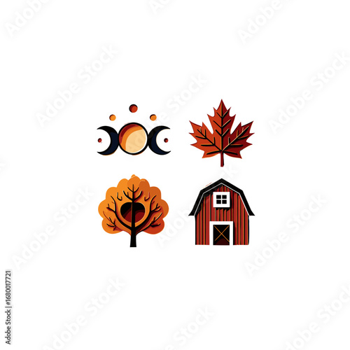 Enchanting Autumnal Symbols Rustic Barn Celestial Moon Phases Leafy Tree Autumnal Vibes Isolated on Transparent Background