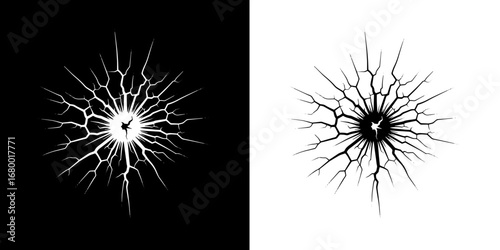 Cracked surface radiating outwards, conveying damage, impact, or destruction with stark contrast