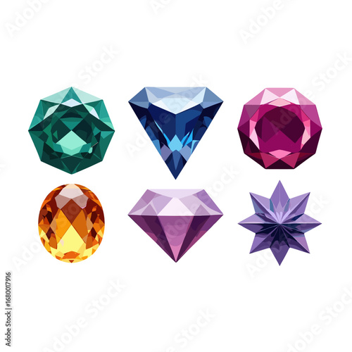 Collection of precious faceted gemstones isolated on transparent background in vibrant colors