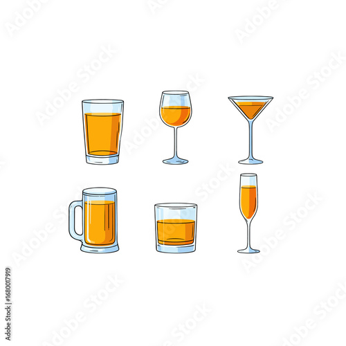 Collection of Refreshing Amber Alcoholic Beverages in Diverse Glasses Isolated on Transparent Background