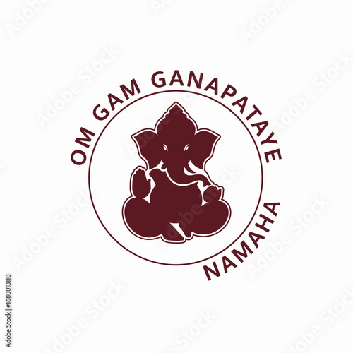 Maroon silhouette of the Hindu deity Ganesha inside a circle with the mantra 'Om Gam Ganapataye Namaha'.