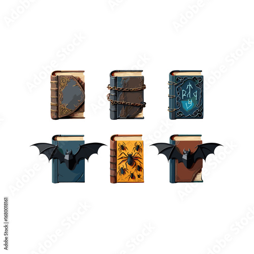 Mysterious Old Spellbooks with Spiders Bats and Enchanted Symbols Isolated on Transparent Background