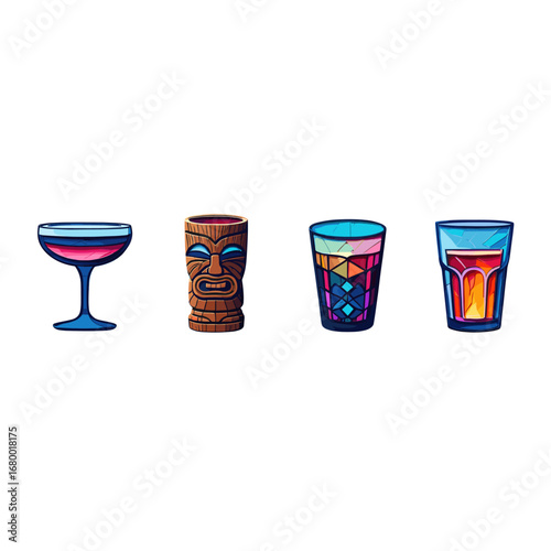 Refreshing Summer Cocktails Festive Refreshing Drinks Tropical Tiki Glassware and Martini Cup isolated on transparent background