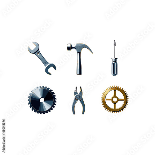 Set of metallic construction tools symbolizing industry repair and mechanical engineering isolated on transparent background
