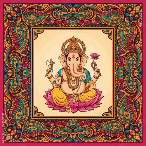 Illustration of the Hindu god Ganesha seated on a lotus flower within a decorative and colorful paisley border.