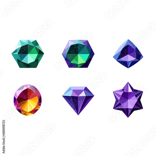 Collection of six faceted sparkling gemstones isolated on transparent background for jewelry design