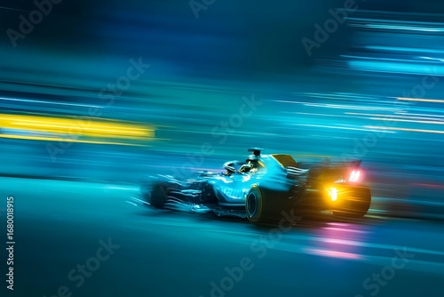 Fast Formula 1 Race Car Blurring Through City Streets at Night.