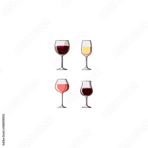 Four Wine Glasses with Red White and Rose Wines Isolated on Transparent Background for Celebration and Enjoyment