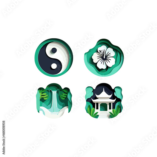 Serene Nature Icons Representing Balance Harmony And Tropical Getaways Isolated