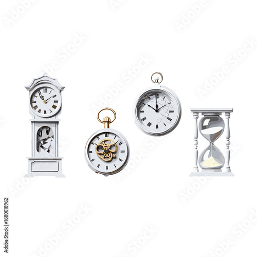 Four antique timekeeping devices including a grandfather clock pocket watches and hourglass isolated on transparent background