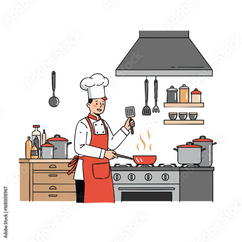 Enthusiastic chef in a toque and apron cooking at a stove in a bustling kitchen with pots and pans, clean 2D flat vector illustration on a white background.