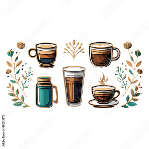 Collection of Delicious Coffee Drinks with Frothy Foam and Decorative Elements Isolated on Transparent Background
