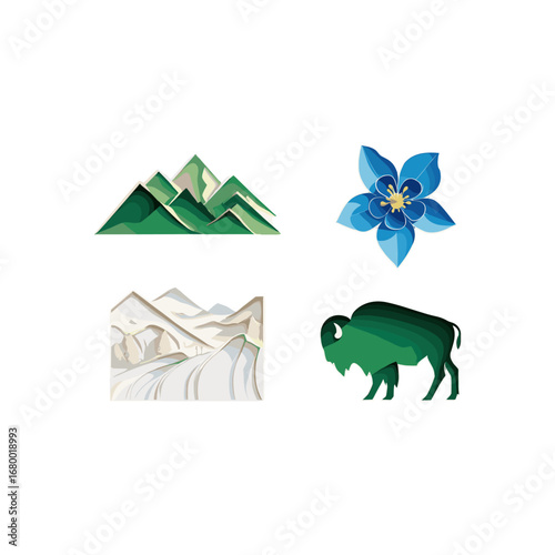 Majestic green buffalo near vibrant blue columbine flower isolated on transparent background