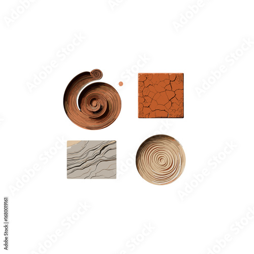 Ancient Fossil Texture Square Seamless Pattern Circle Wood Grain Isolated Transparent Background