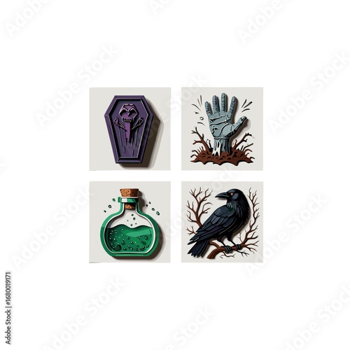 Spooky Halloween Pixel Art Icons Featuring Coffin Zombie Hand Potion Crow Isolated on Transparent Background