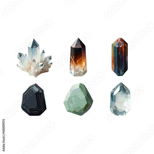 Collection of Six Natural Healing Crystals with Spiritual Energy Isolated on Transparent Background
