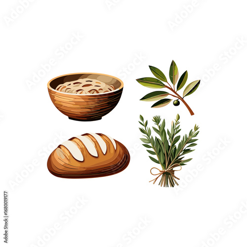 Warm Artisan Bread Bowl of Grains Bay Leaf Sprig and Herbs isolated on transparent background