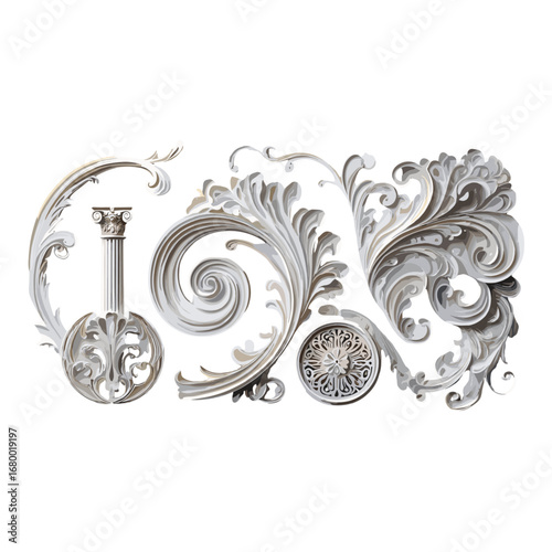 Elegant White Baroque Architectural Ornate Decorative Element Isolated on Transparent Background
