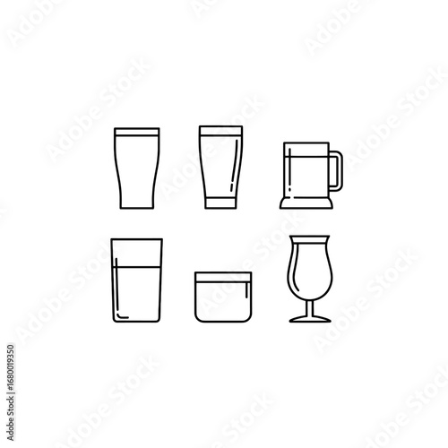 Set of six minimalist outlined glassware icons representing different drinks isolated on transparent background