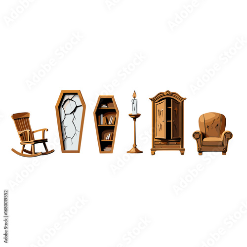 Vintage Gothic Furniture Set Creepy Coffin Armchair Wardrobe Candle Rocking Isolated Transparent