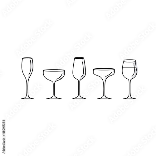 Five Elegant Crystal Champagne Flutes Coupe Glasses and Martini Glasses in a Row Isolated on Transparent Background