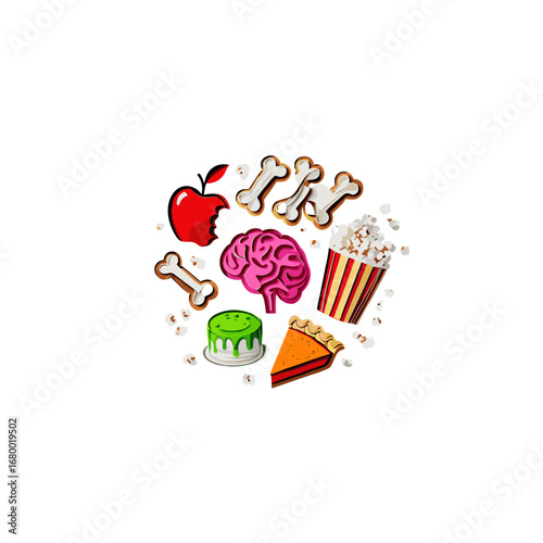 Scary Halloween Party Food Symbols Brain Bones Apple Pie Popcorn Cake Isolated Transparent Background