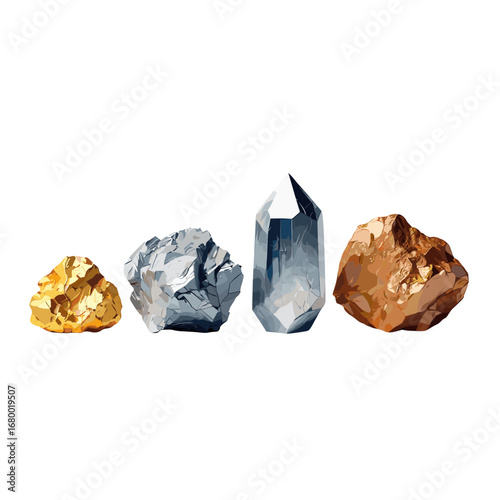 Collection of precious minerals and gemstones isolated on transparent background representing wealth and natural beauty