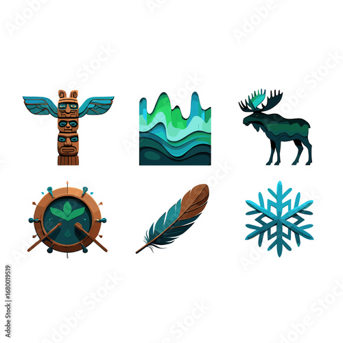 North American Indigenous Cultural Icons Featuring Totem Pole Drum Feather Moose Aurora Snowflake