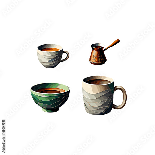 Four Coffee Cups and Cezve on Transparent Background for Morning Refreshment