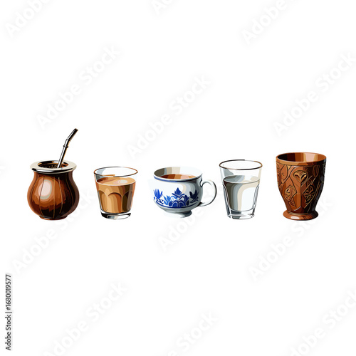 Five diverse beverage cups isolated on transparent background conveying refreshment and warmth