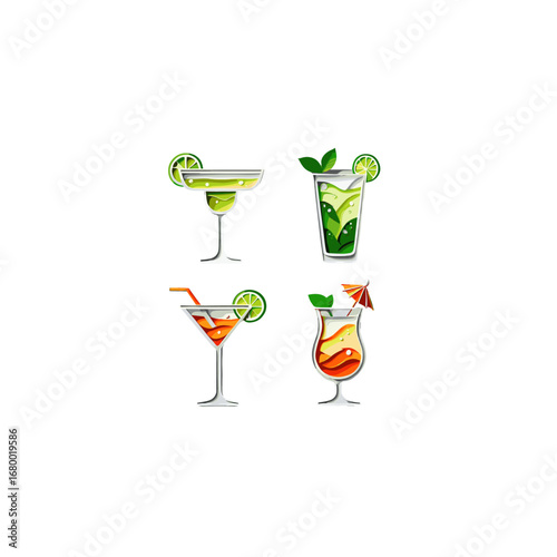 Refreshing Summer Cocktails in Tall Glasses Garnished with Lime and Mint Leaves Isolated