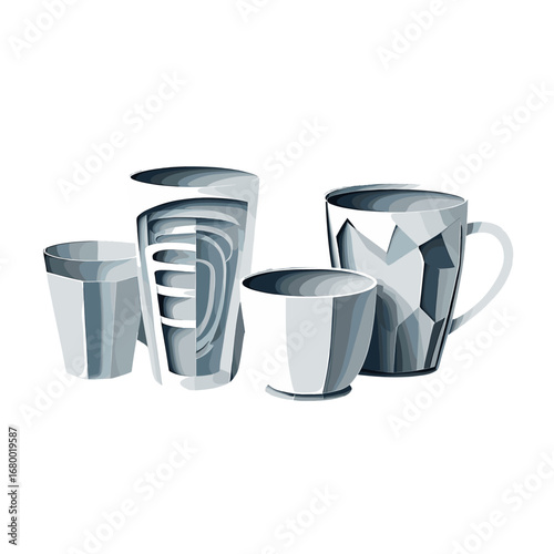 Modern Geometric Ceramic Drinkware Collection Isolated on Transparent Background for Stylish Table Settings