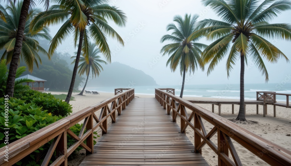 Obraz premium Serene wooden boardwalk leading to a beautiful beach with soft sand and gentle waves under a clear blue sky