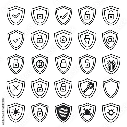 Collection of security shield icons with various symbols in a simple outlined vector design style set up